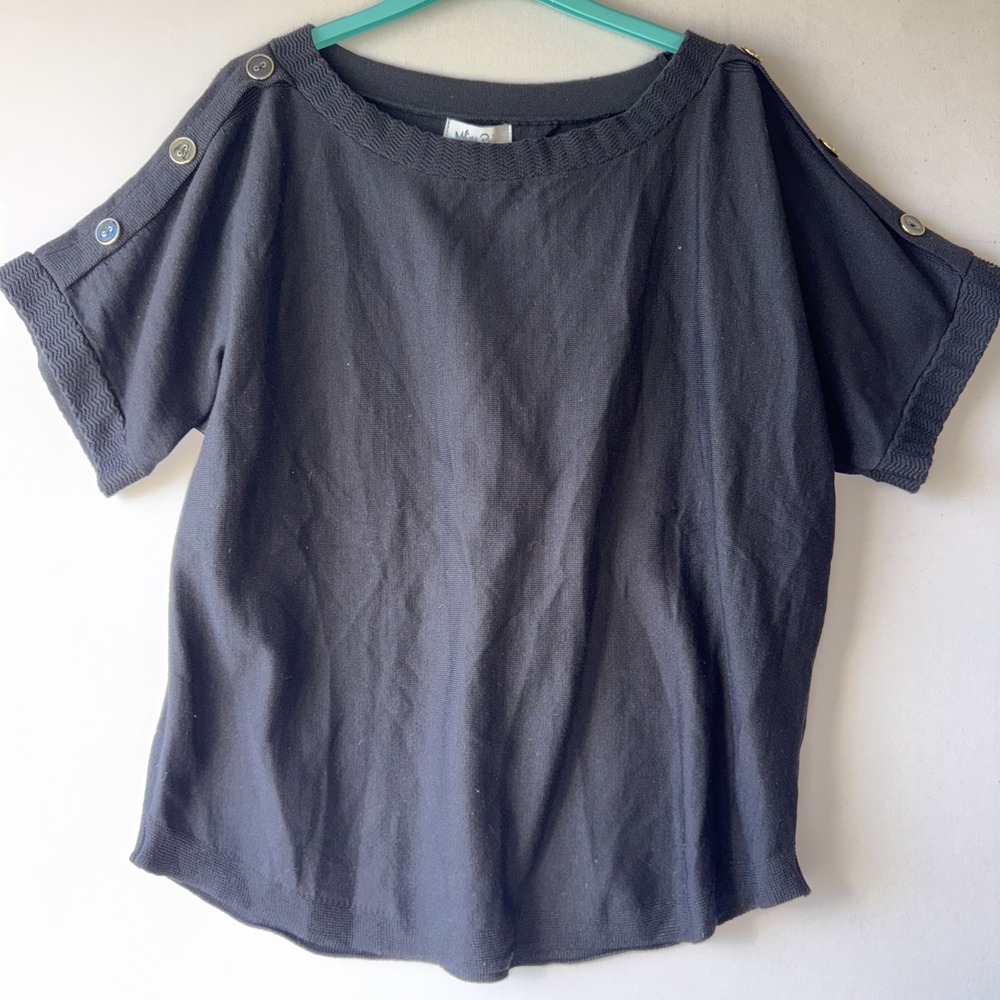Melissa Paige Womens Top Medium Black Button Detail Knit Short Sleeve Pullover